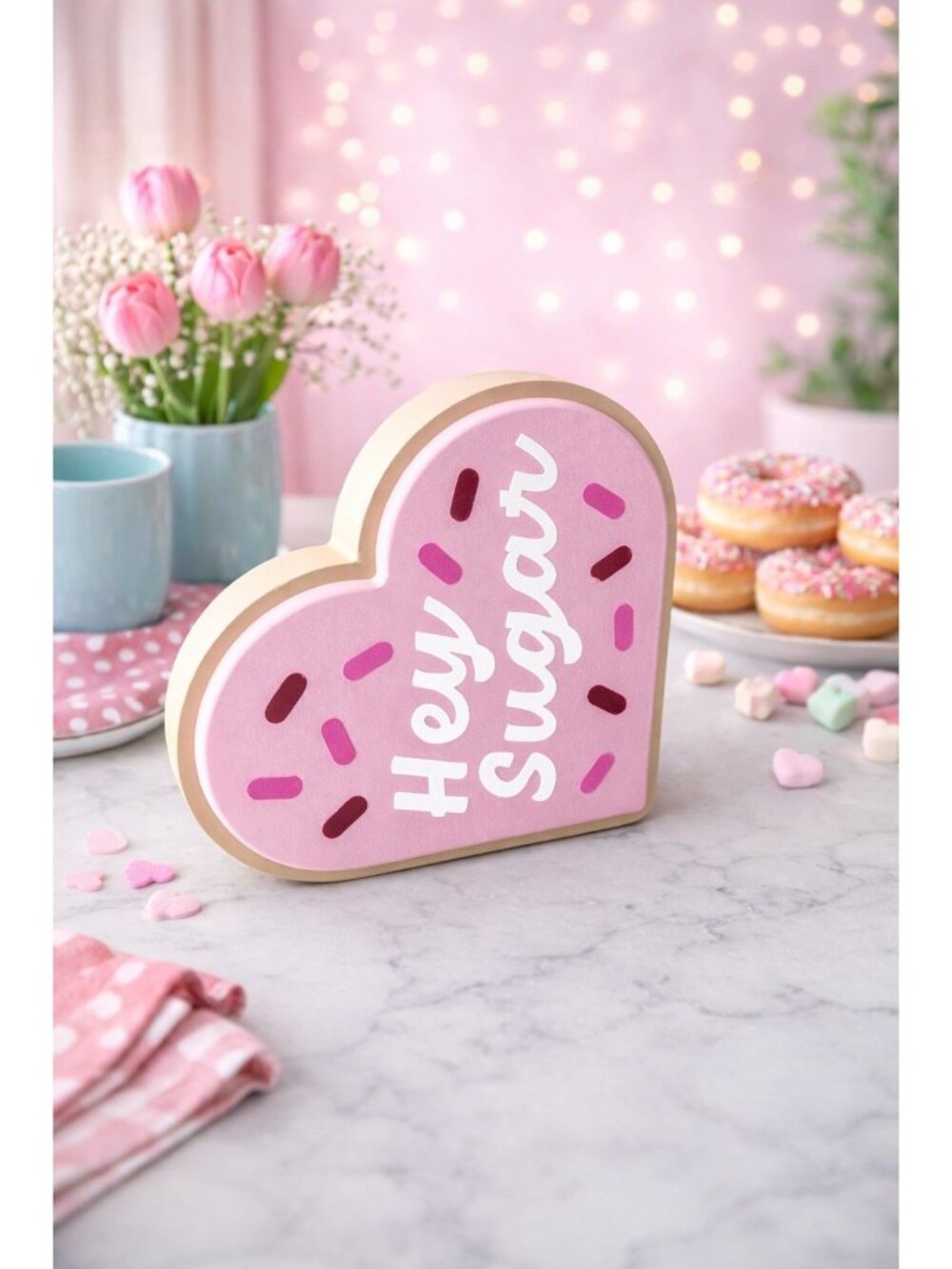 New Wood Pink & Brown Heart Shapped Valentines Day Hey Sugar Sign Figure